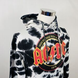 AC DC Small Graphic Print Hoodie Sweatshirt Black White Tie Dye Cotton Blend